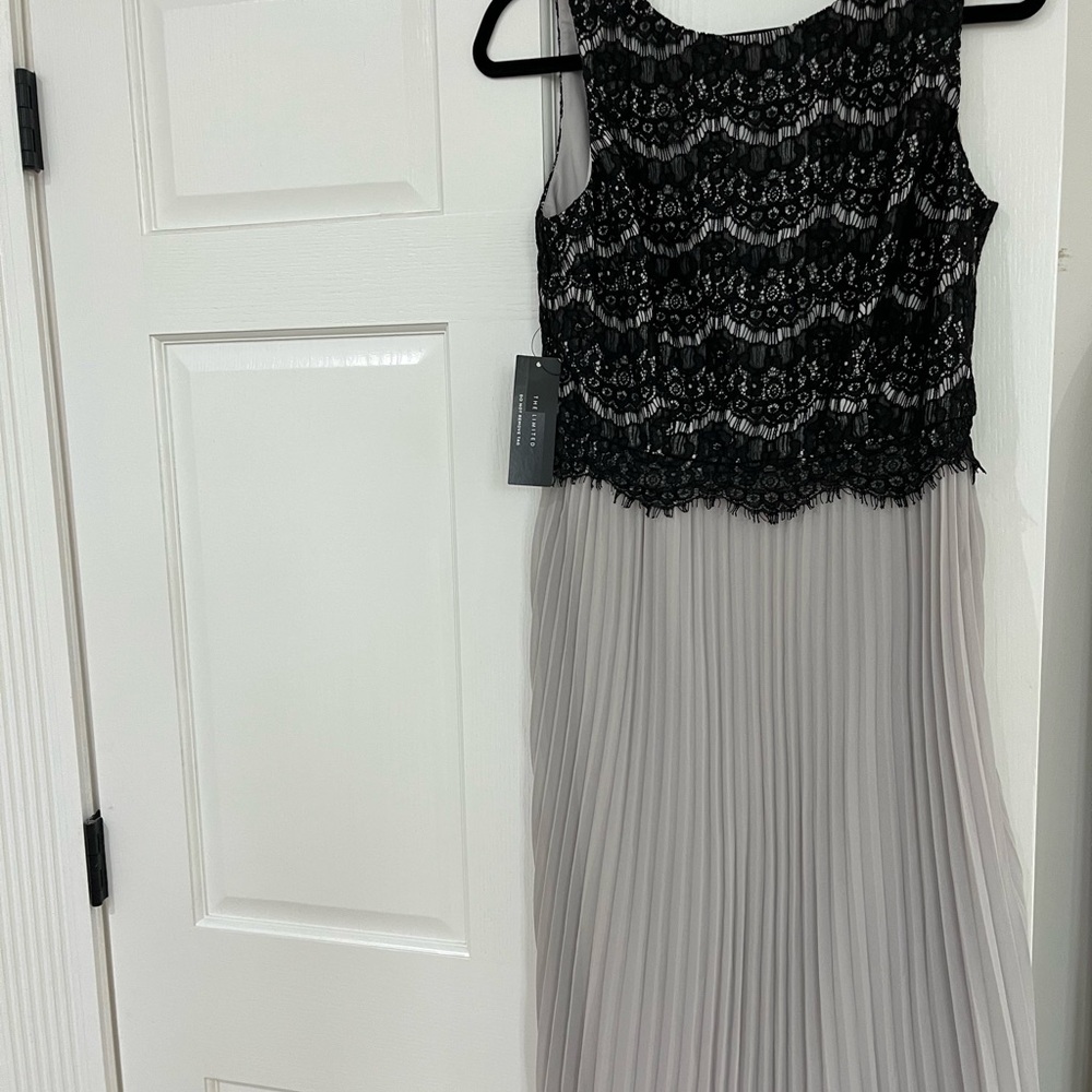 The Limited Black Lace and Gray Pleated Midi Dress